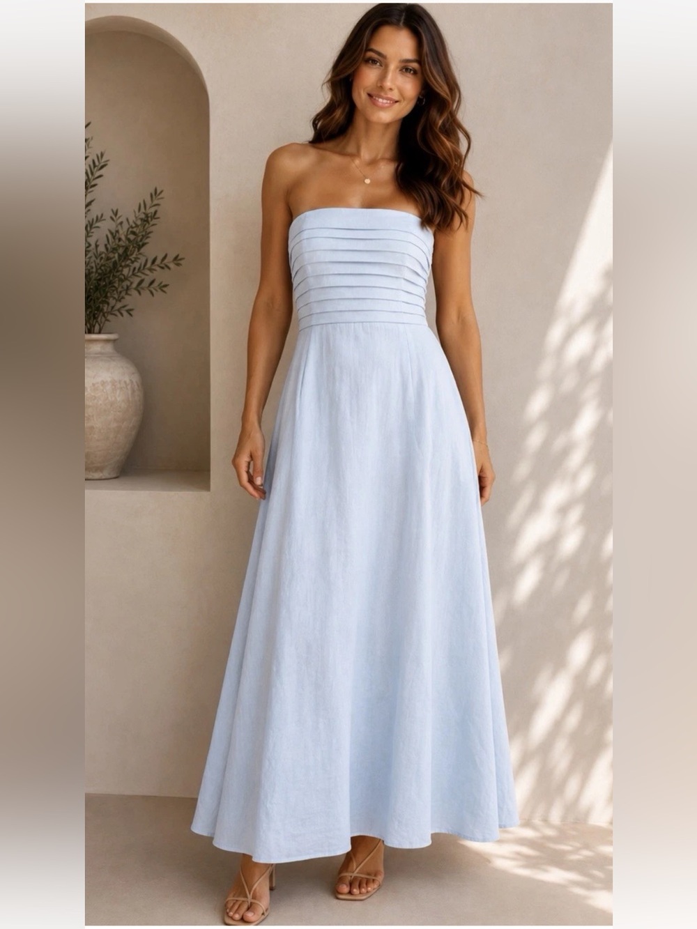 NWT Caroline Constas Strapless Pleated Maxi Dress XS Linen Blend Baby Blue